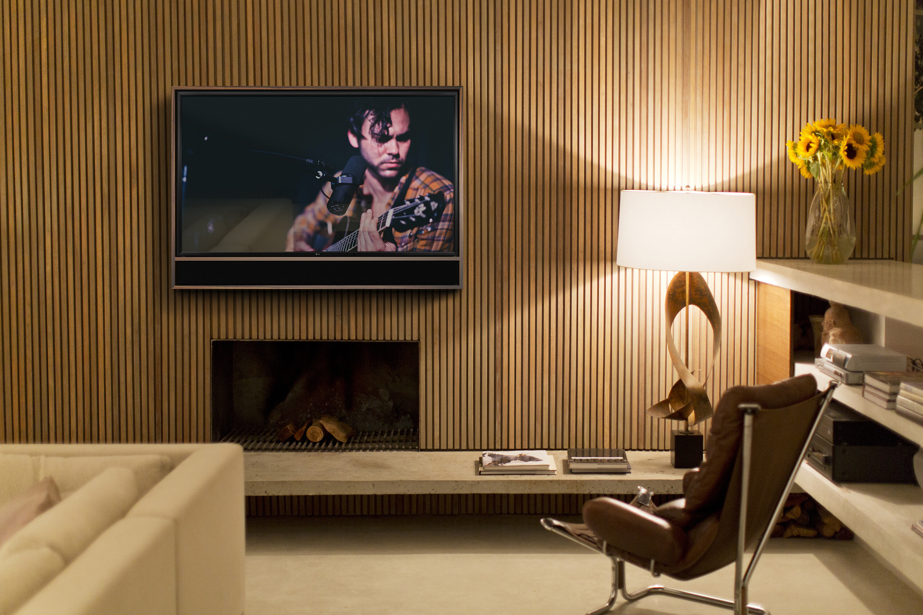 Home Media System On Wall of a Modern Beige Toned Living Room