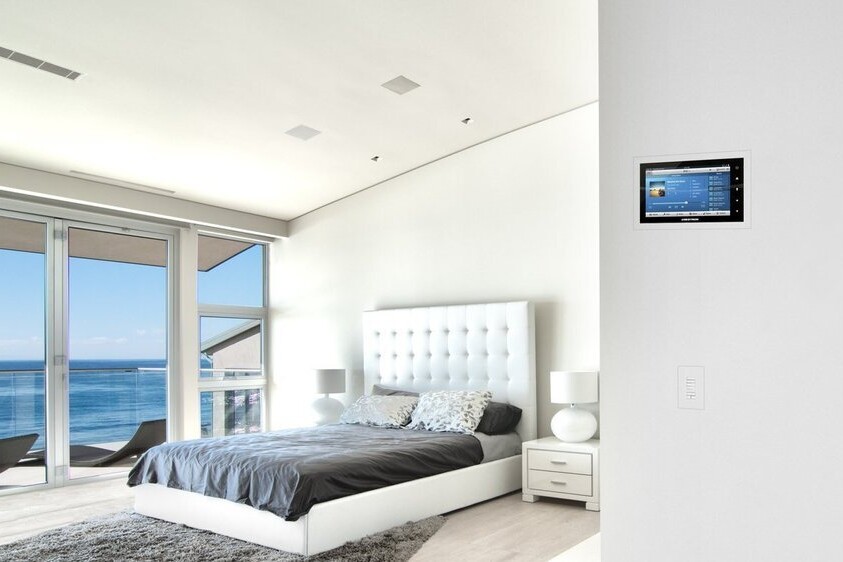 Oceanview Bedroom With Smart Home Automation System Flush-Mounted The Wall