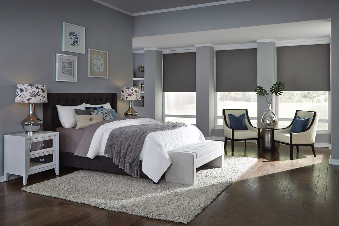 Upscale Grey Bedroom With Matching Premium Window Treatments
