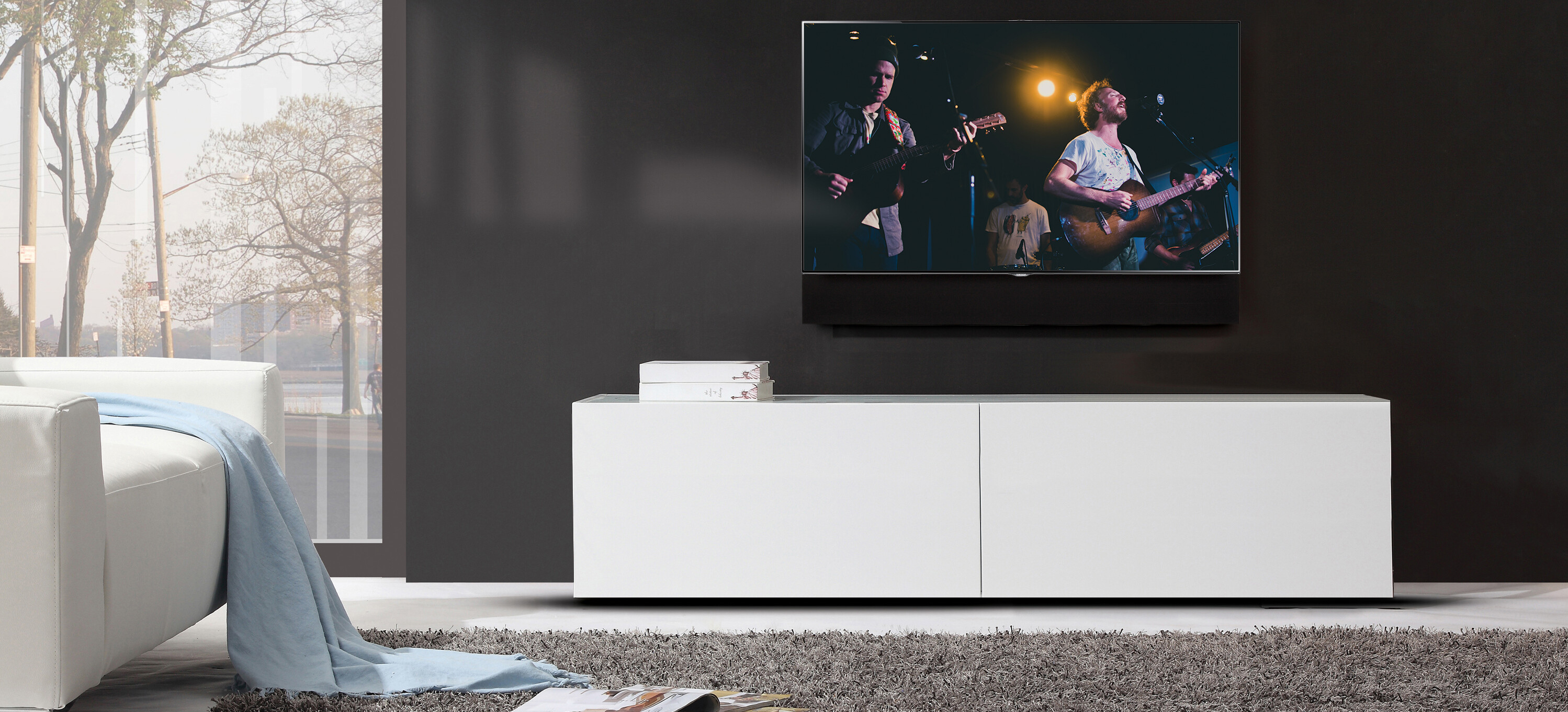 Wall Mounted Hi-Def Flat Panel TV With Architectural Loudspeakers in a Modern Living Room