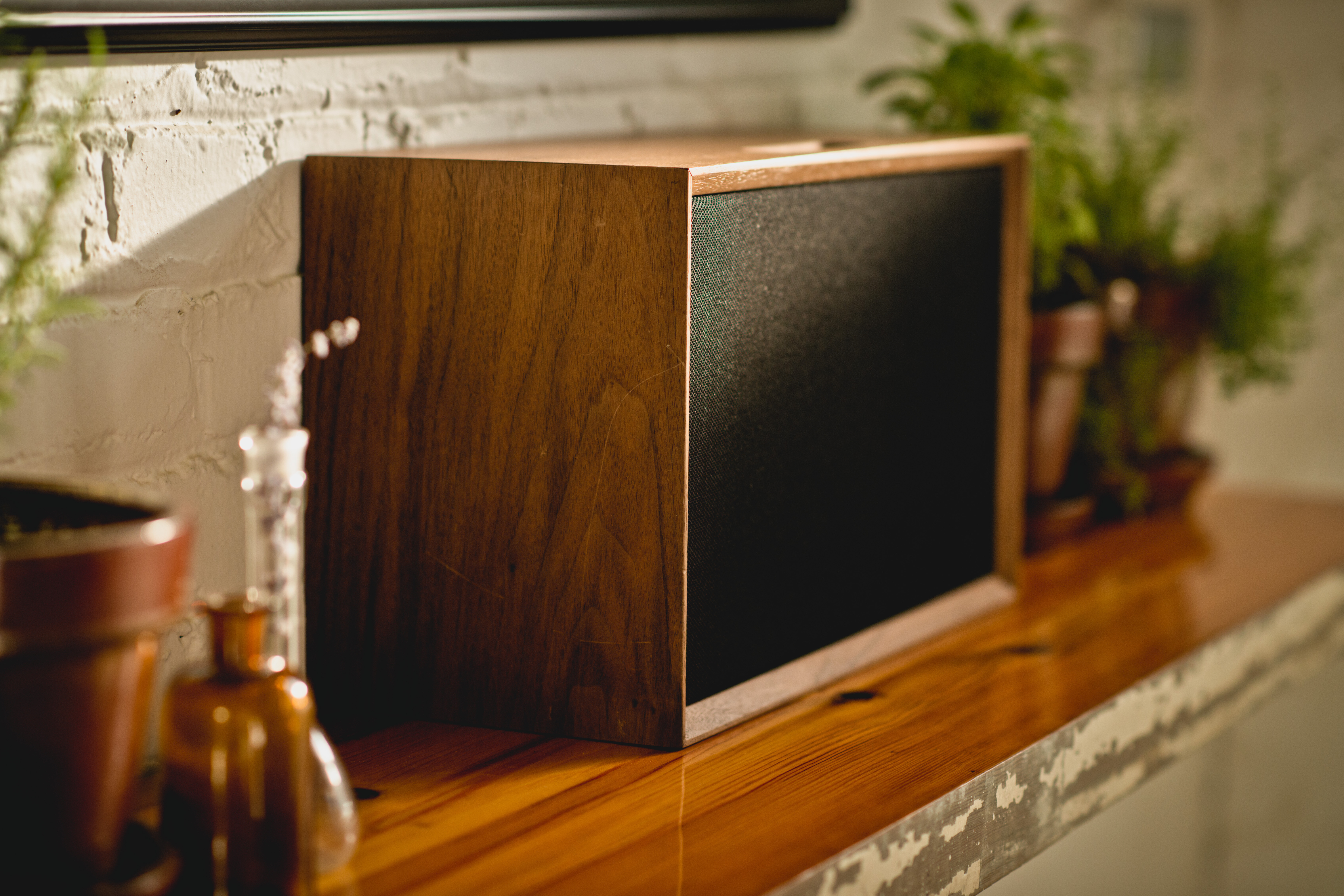 Home Audio System Near Plants on Wooden Floating Shelf