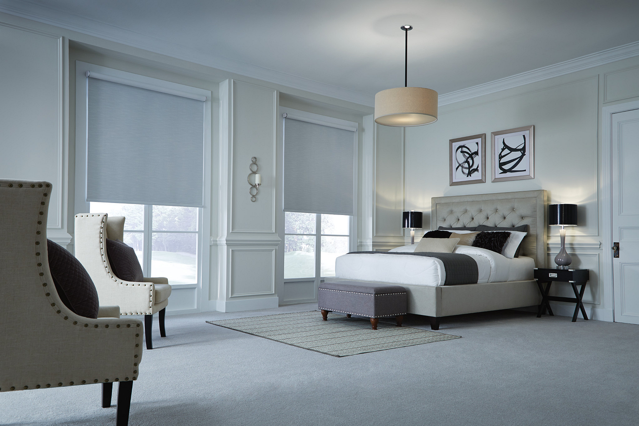 Large Contemporary Bedroom With Gray Tones & Motorized Shades