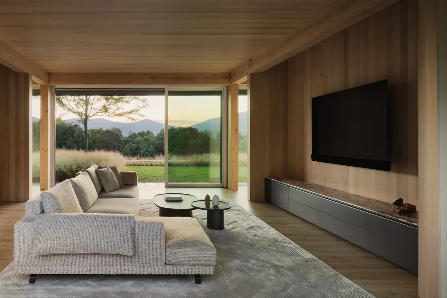 A living room TV and speakers installed in a Birdseye-designed home