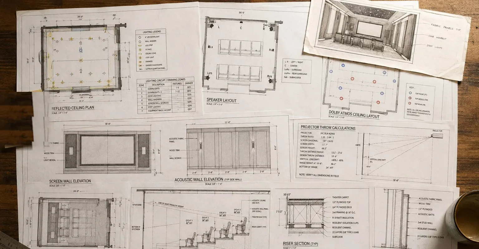 Theater design drawings with seating, screen and speaker layouts spread on a table